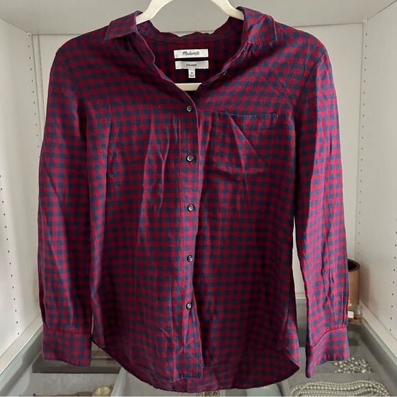 Madewell Gingham Red and Navy Plaid Fall Flannel Button Up Shirt Size XS Western - Picture 2 of 5